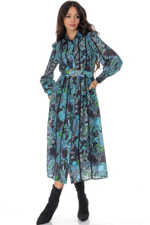 Women’s Blue Floral Print Midi Dress with Belt 