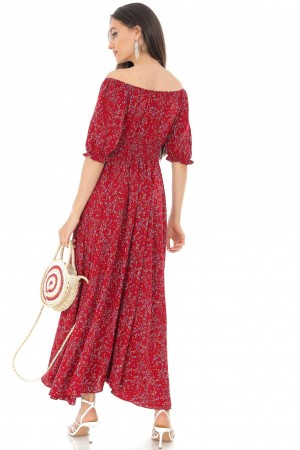 FLORAL SMOCKED WAIST MAXI DRESS IN RED