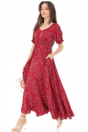 FLORAL SMOCKED WAIST MAXI DRESS IN RED