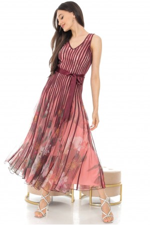 FLORAL STRIPED MESH MIDI DRESS IN RED - DR4529