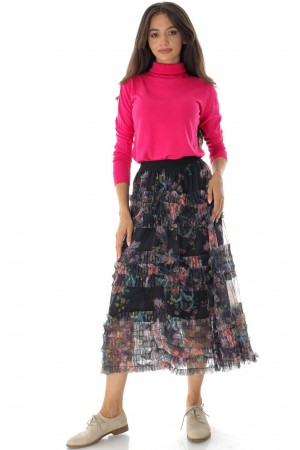 Printed mesh midi skirt FR528 Black with frill detail