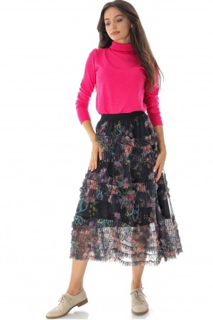Printed mesh midi skirt FR528 Black with frill detail