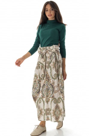 Printed cotton midi skirt FR529 Cream with a bow tie detail