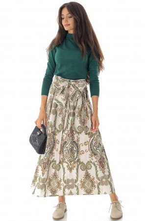 Printed cotton midi skirt FR529 Cream with a bow tie detail