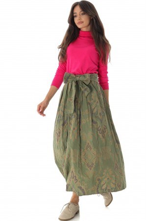 Printed cotton midi skirt FR530 Khaki with a bow tie detail