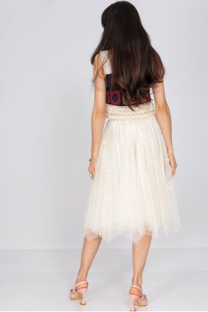Tulle midi skirt Aimelia Fr536 in Cream with a bow detail