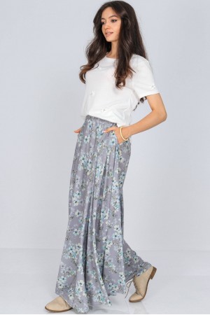 Full circle floral printed maxi skirt Aimelia FR537 Grey with pockets