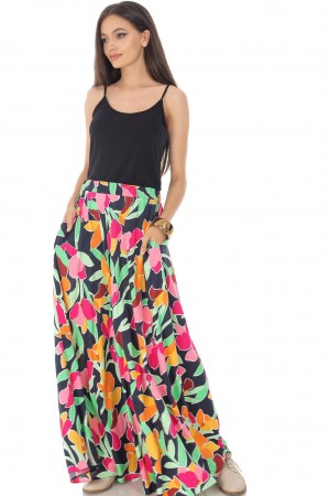Full circle maxi skirt , Aimelia Fr506 in a Multicoloured print, with an elasticated waist and pockets