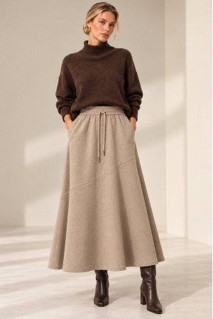 Beige Knitted A-Line Midi Skirt with Pockets - AIMELIA FR577