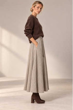 Beige Knitted A-Line Midi Skirt with Pockets - AIMELIA FR577