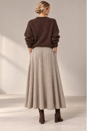 Beige Knitted A-Line Midi Skirt with Pockets - AIMELIA FR577