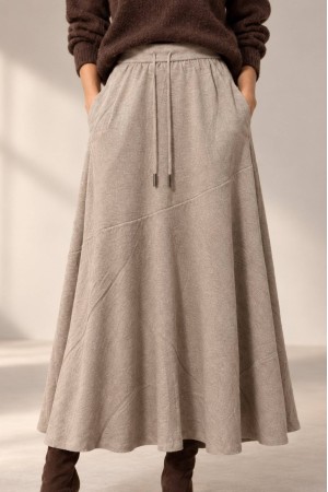 Beige Knitted A-Line Midi Skirt with Pockets - AIMELIA FR577