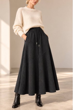 Dark Grey Knitted A-Line Midi Skirt with Pockets - AIMELIA FR579