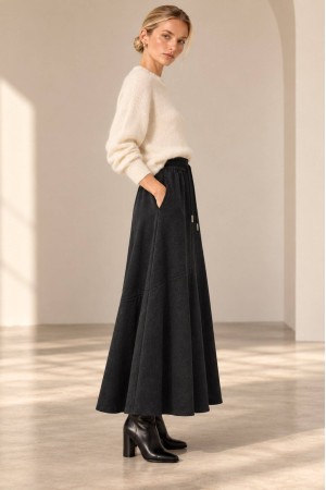 Dark Grey Knitted A-Line Midi Skirt with Pockets - AIMELIA FR579