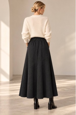 Dark Grey Knitted A-Line Midi Skirt with Pockets - AIMELIA FR579
