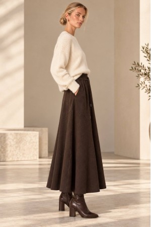 Brown Knitted A-Line Midi Skirt with Pockets - AIMELIA FR578