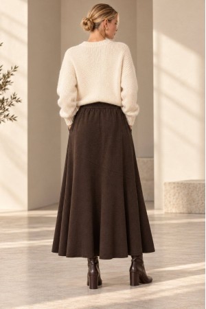 Brown Knitted A-Line Midi Skirt with Pockets - AIMELIA FR578