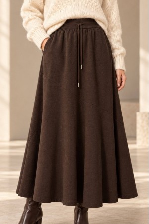 Brown Knitted A-Line Midi Skirt with Pockets - AIMELIA FR578