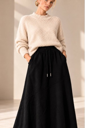 Black Knitted A-Line Midi Skirt with Pockets - AIMELIA FR576