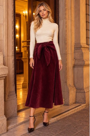 Burgundy Velvet A-Line Midi Skirt with Bow Detail - AIMELIA FR582