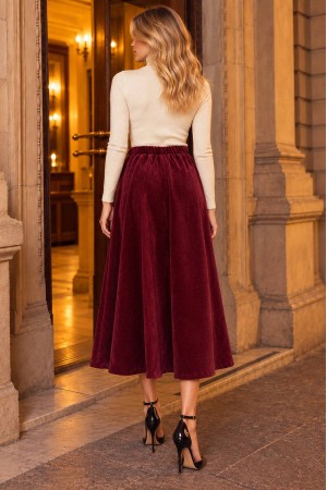 Burgundy Velvet A-Line Midi Skirt with Bow Detail - AIMELIA FR582