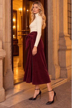 Burgundy Velvet A-Line Midi Skirt with Bow Detail - AIMELIA FR582