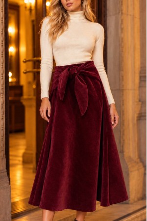 Burgundy Velvet A-Line Midi Skirt with Bow Detail - AIMELIA FR582