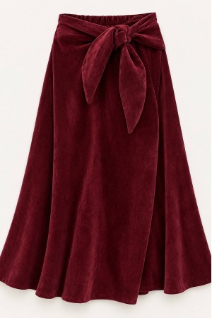 Burgundy Velvet A-Line Midi Skirt with Bow Detail - AIMELIA FR582