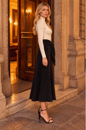 Black Velvet A-Line Midi Skirt with Bow Detail - AIMELIA FR581
