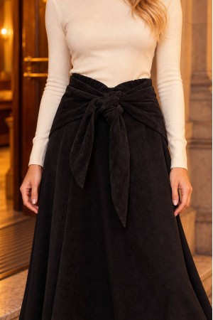 Black Velvet A-Line Midi Skirt with Bow Detail - AIMELIA FR581