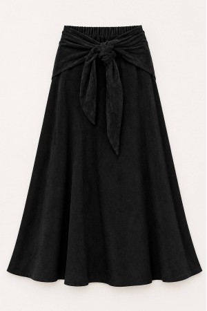Black Velvet A-Line Midi Skirt with Bow Detail - AIMELIA FR581
