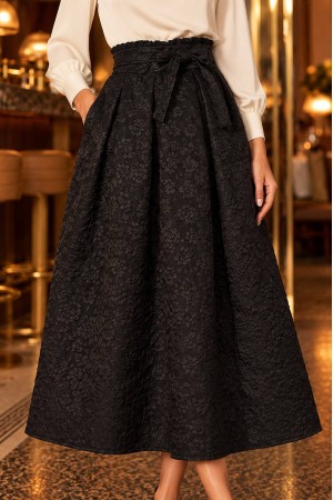 Black Textured Midi Skirt with Tie Belt and Pockets - AIMELIA FR580 Black Textured Midi Skirt with Tie Belt and Pockets - AIMELIA FR580