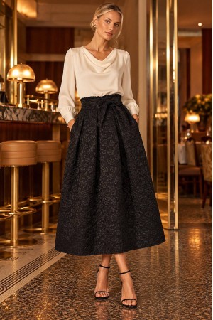 Black Textured Midi Skirt with Tie Belt and Pockets - AIMELIA FR580 Black Textured Midi Skirt with Tie Belt and Pockets - AIMELIA FR580
