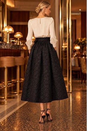 Black Textured Midi Skirt with Tie Belt and Pockets - AIMELIA FR580 Black Textured Midi Skirt with Tie Belt and Pockets - AIMELIA FR580