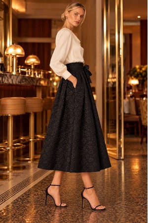 Black Textured Midi Skirt with Tie Belt and Pockets - AIMELIA FR580 Black Textured Midi Skirt with Tie Belt and Pockets - AIMELIA FR580