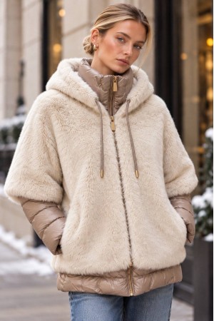 Cream and Beige Two-Piece Faux Fur Quilted Jacket - AIMELIA JR697 Cream and Beige Two-Piece Faux Fur Quilted Jacket - AIMELIA JR697