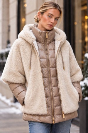 Cream and Beige Two-Piece Faux Fur Quilted Jacket - AIMELIA JR697 Cream and Beige Two-Piece Faux Fur Quilted Jacket - AIMELIA JR697