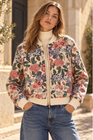 Cream Floral Print Bomber Jacket - AIMELIA JR704