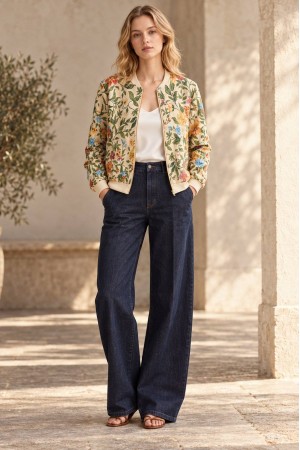 Beige Floral Print Bomber Jacket - AIMELIA JR705