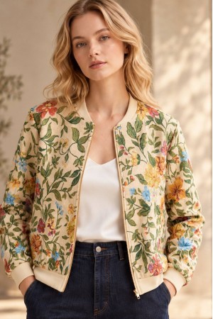 Beige Floral Print Bomber Jacket - AIMELIA JR705