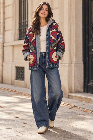 Navy Multicolour Hooded Cropped Quilted Jacket - AIMELIA JR694