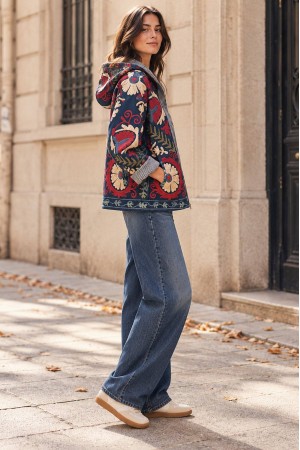 Navy Multicolour Hooded Cropped Quilted Jacket - AIMELIA JR694
