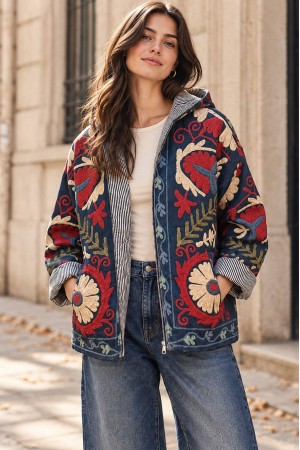 Navy Multicolour Hooded Cropped Quilted Jacket - AIMELIA JR694