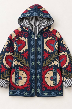 Navy Multicolour Hooded Cropped Quilted Jacket - AIMELIA JR694