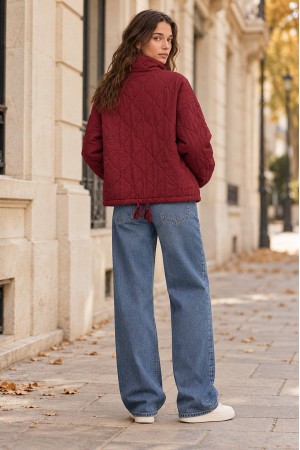 Burgundy High Neck Cropped Quilted Jacket - AIMELIA JR693 Burgundy High Neck Cropped Quilted Jacket - AIMELIA JR693