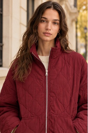 Burgundy High Neck Cropped Quilted Jacket - AIMELIA JR693 Burgundy High Neck Cropped Quilted Jacket - AIMELIA JR693