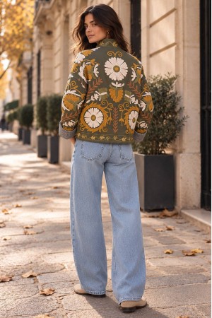 Olive Floral Suede-Effect Cropped Jacket - AIMELIA JR692 Olive Floral Suede-Effect Cropped Jacket - AIMELIA JR692
