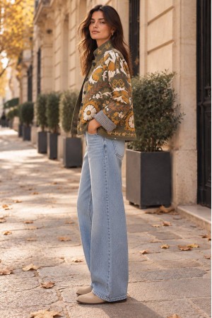 Olive Floral Suede-Effect Cropped Jacket - AIMELIA JR692 Olive Floral Suede-Effect Cropped Jacket - AIMELIA JR692