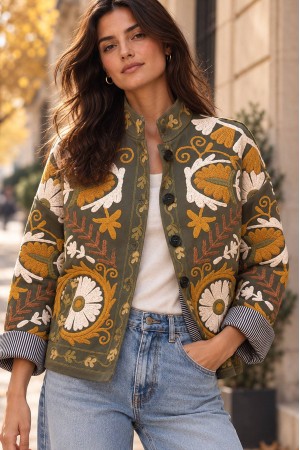 Olive Floral Suede-Effect Cropped Jacket - AIMELIA JR692 Olive Floral Suede-Effect Cropped Jacket - AIMELIA JR692