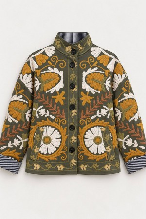Olive Floral Suede-Effect Cropped Jacket - AIMELIA JR692 Olive Floral Suede-Effect Cropped Jacket - AIMELIA JR692